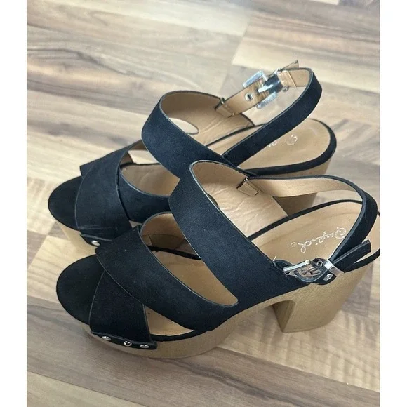 Womens Chunky Heel Sandals Size 8 Platform Clog Suede Boho Black Brown Festival - Picture 8 of 10